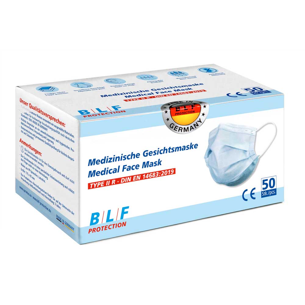 Medizinischer Mundschutz von BLF Protection, 3-lagig, 50 Stk., blau