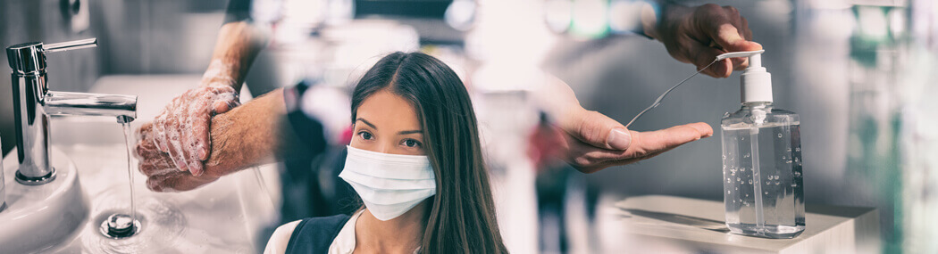 Mundschutzmasken, Desinfektionsmittel und Handschuhe zeigen die große Vielfalt der Hygieneartikel
